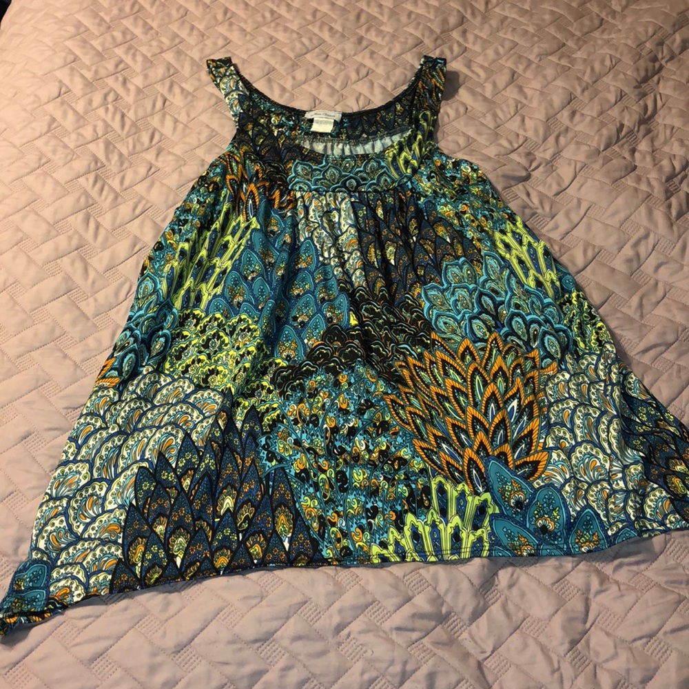 Vivid sleeveless multicolor top, blue/green/orange